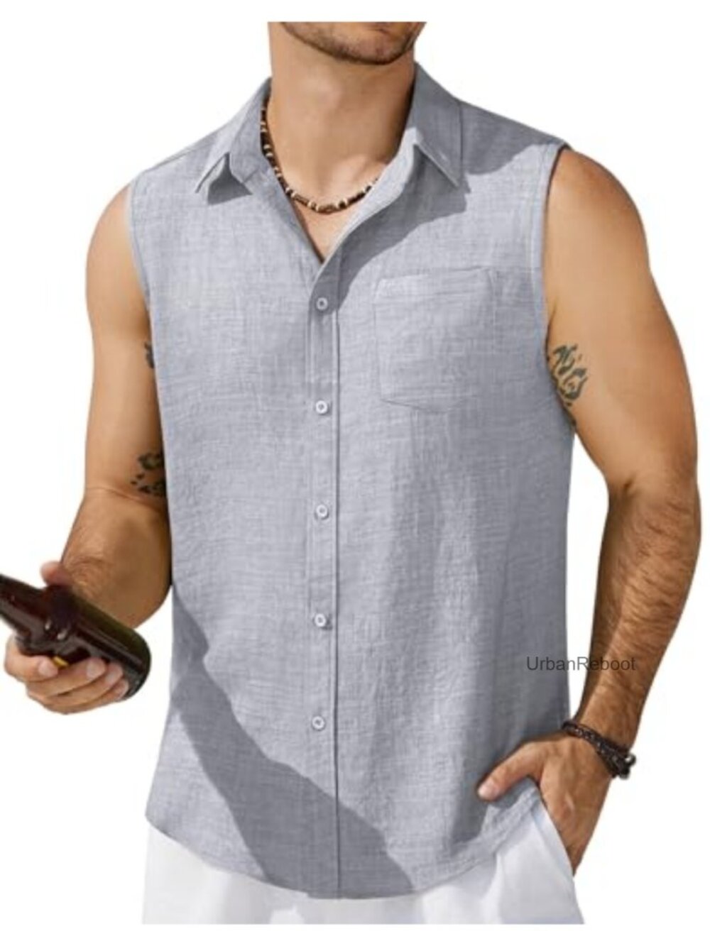 Men's Sleeveless Button Up Tank Top Casual Textured Beach Shirt